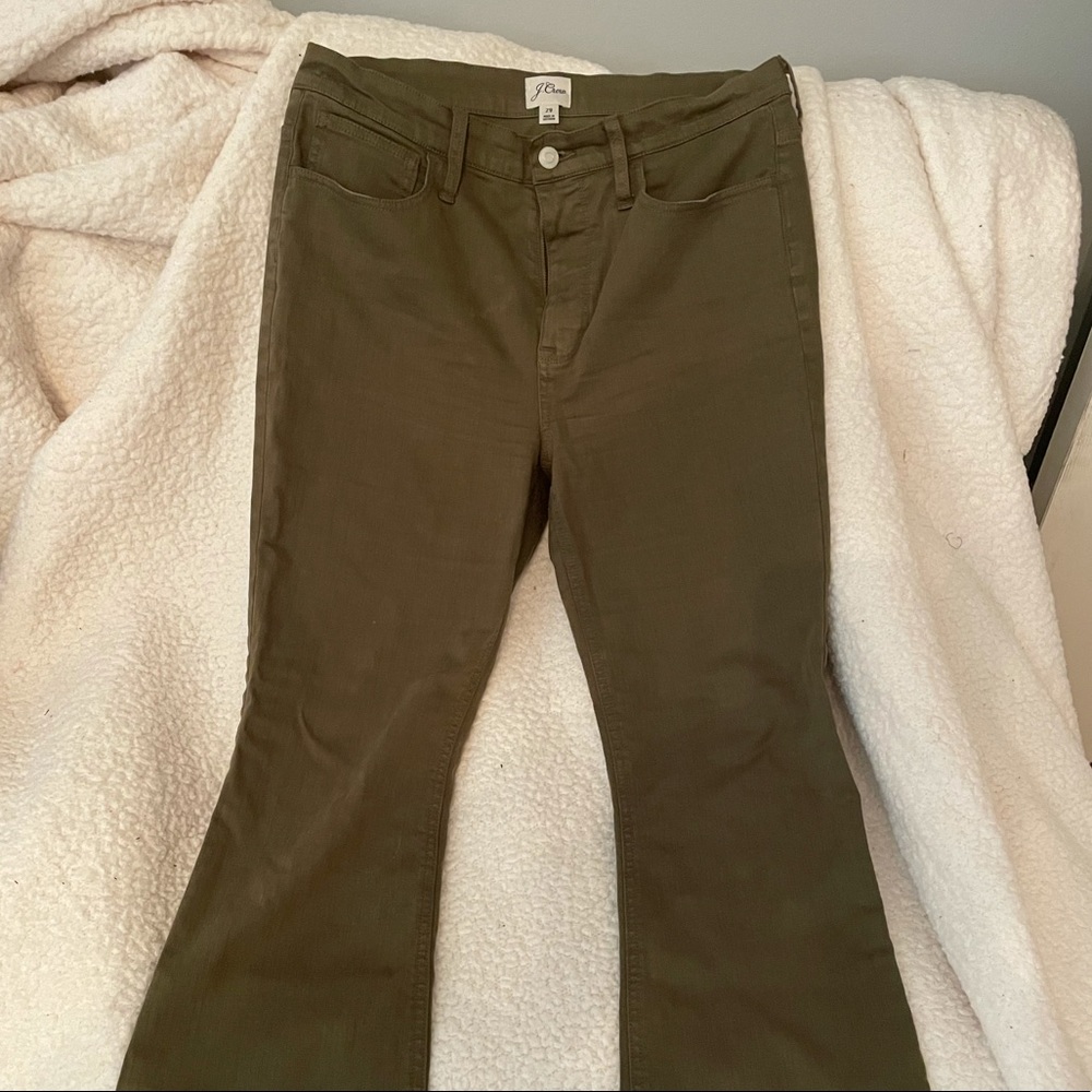 J Crew Green denim.  Cropped wide boot.